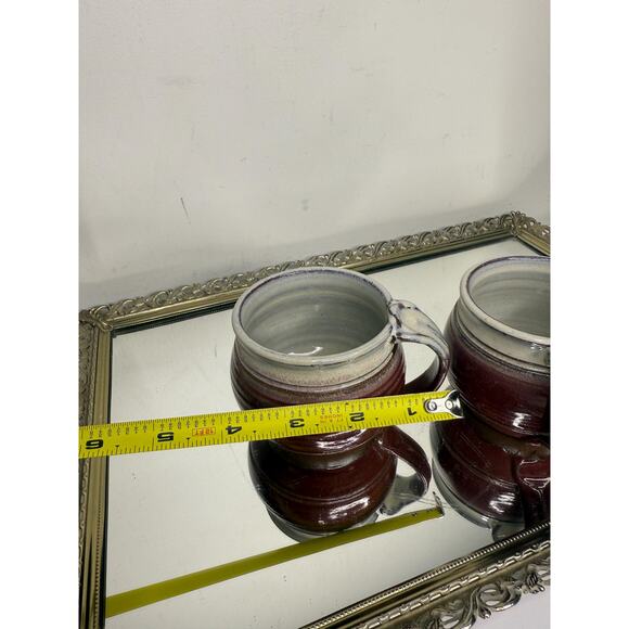 Beautiful Studio Art Pottery Mugs Pair of 2 Drip Glaze Artist Signed Red Cream - Picture 9 of 10